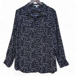 Woman Within Black White Abstract Print Rayon Roll Tab Button Down Shirt L 18/20